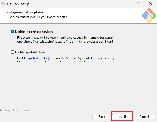 Git SetupでEnable file system cachingを選びInstallを開始する画面