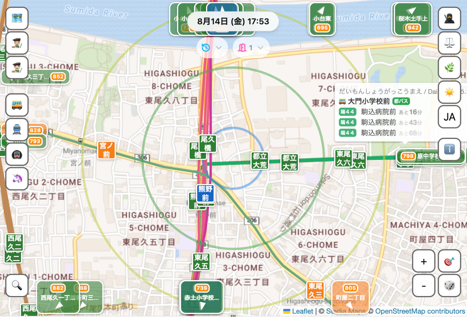 熊野前周辺の地図。周辺ののりば、距離帯ごとに色分けされた同心円と、運行頻度で太さの変わる路線図