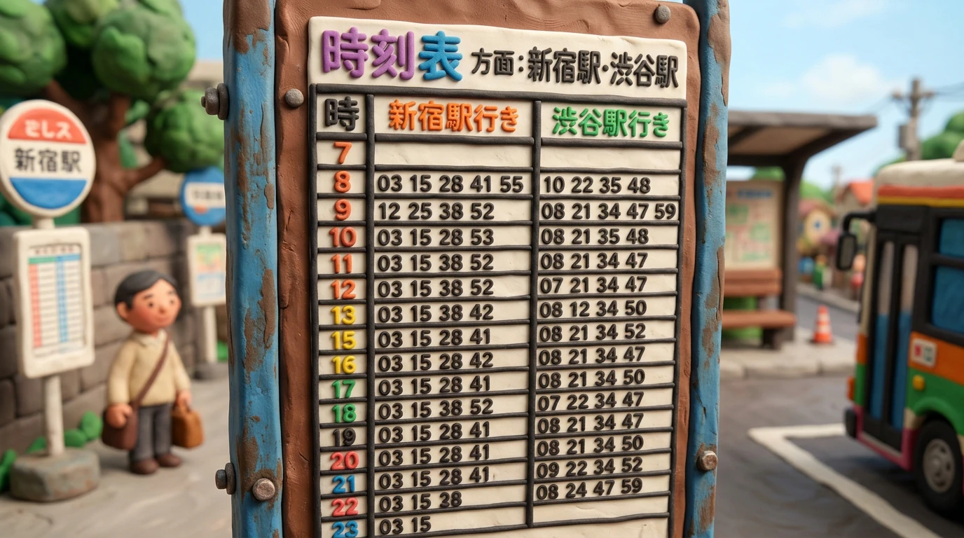 バス停に掲示された時刻表。行き先ごとに時刻が並んでいる