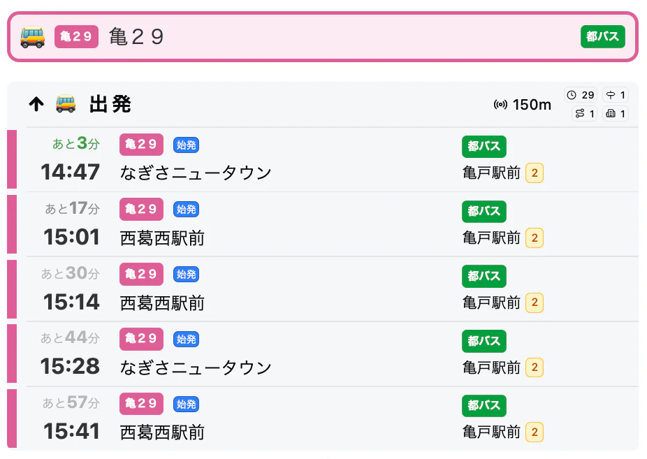路線別発着一覧。1つのボードに、その路線の便だけが並ぶ