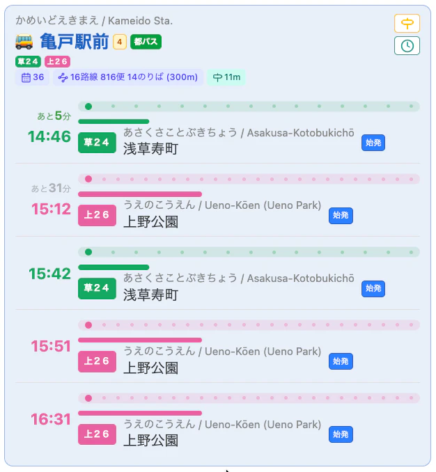 のりば一覧 (発着順)。のりばのカードに、便が時刻順に並ぶ