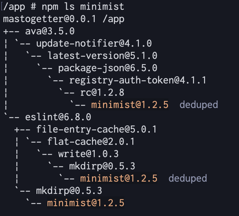 node.js の npm で ls を実行すると deduped が表示される