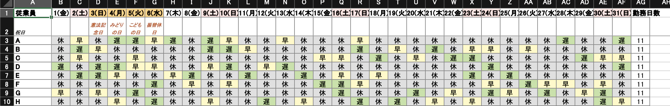 基本最適化の結果。土日(ピンク)と祝日(オレンジ + 5/3-5/6 の祝日名)が反映され、8 名全員が 11 日勤務