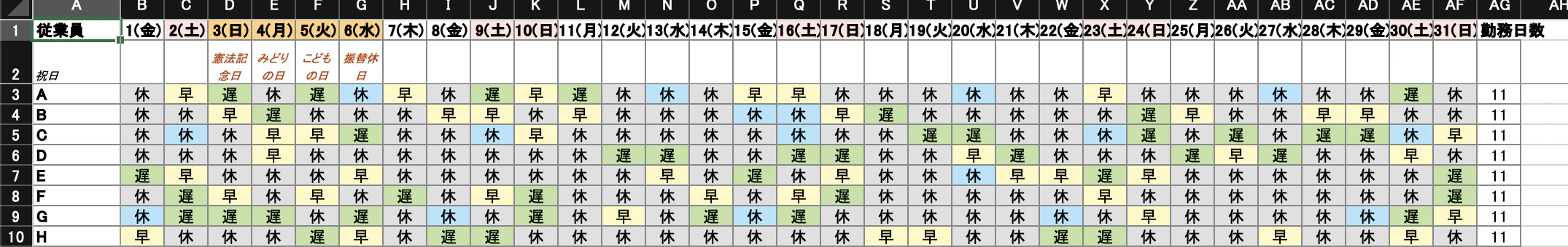 応用 1 の結果。水色セルが希望休(A 水曜、B 5/15-16、C 土曜、E 5/20、G 金曜)。希望休をすべて満たしながら全員 11 日勤務を維持