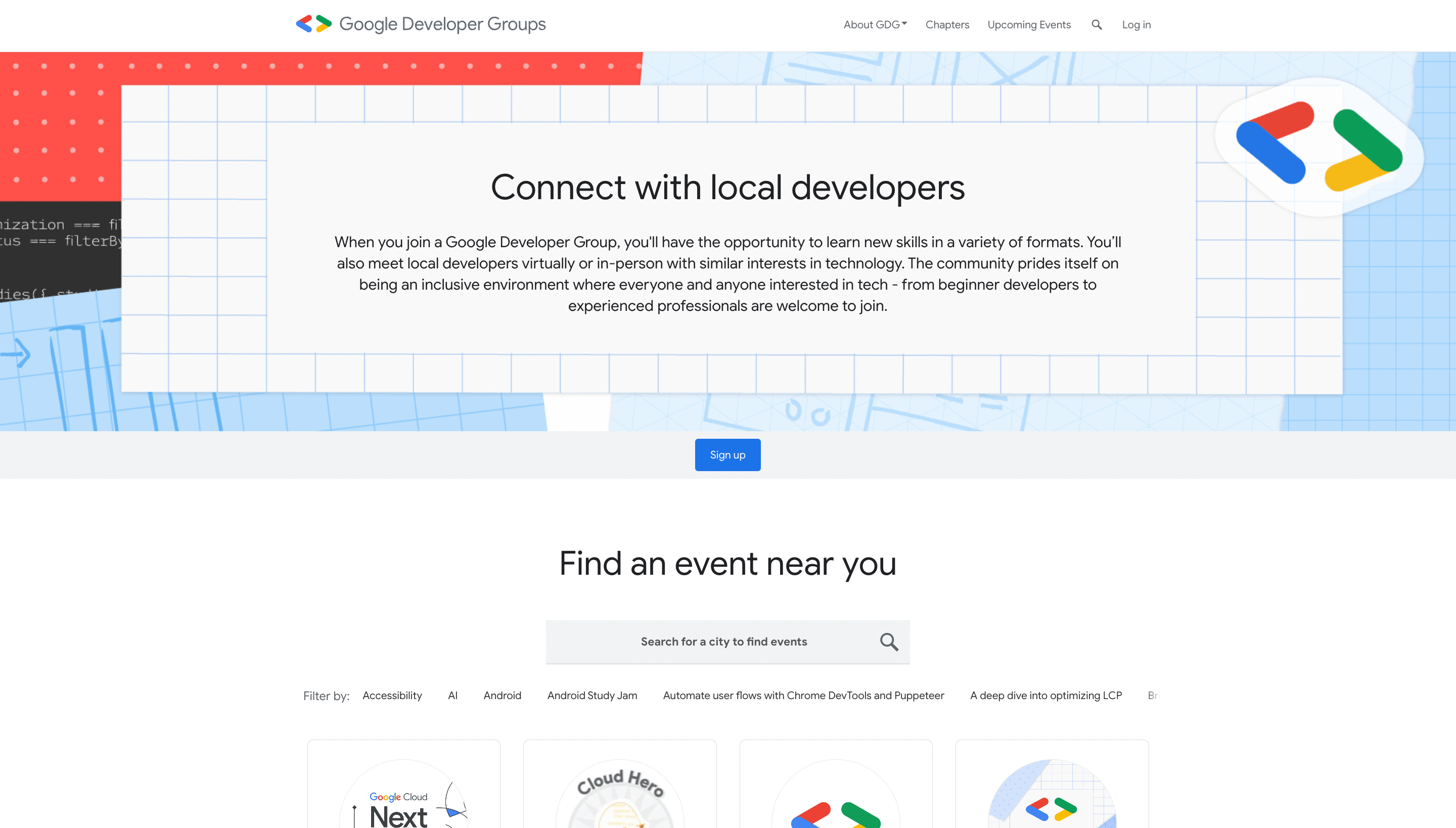 Google Developer Groups website, with option to find a local developer community near you