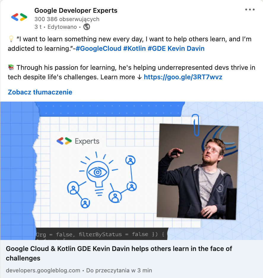 Google Developer Experts showcasing their Expert's work on their blog and LinkedIn profile.