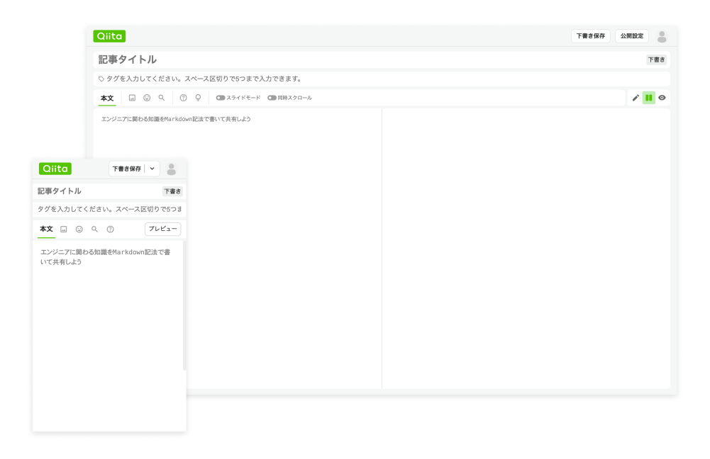 Qiitaのロゴとユーザーメニューにアクセスするボタンと下書き保存や公開設定のボタンがヘッダーにまとまっています。