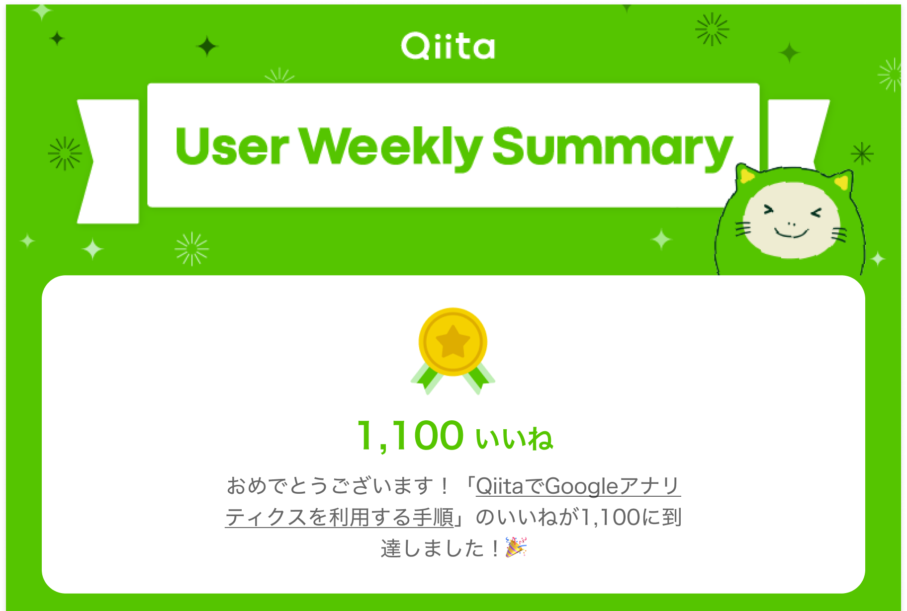 ユーザーウィークリーサマリーメールのスクリーンショット。いいねのマイルストーンを達成した記事をお祝いしている