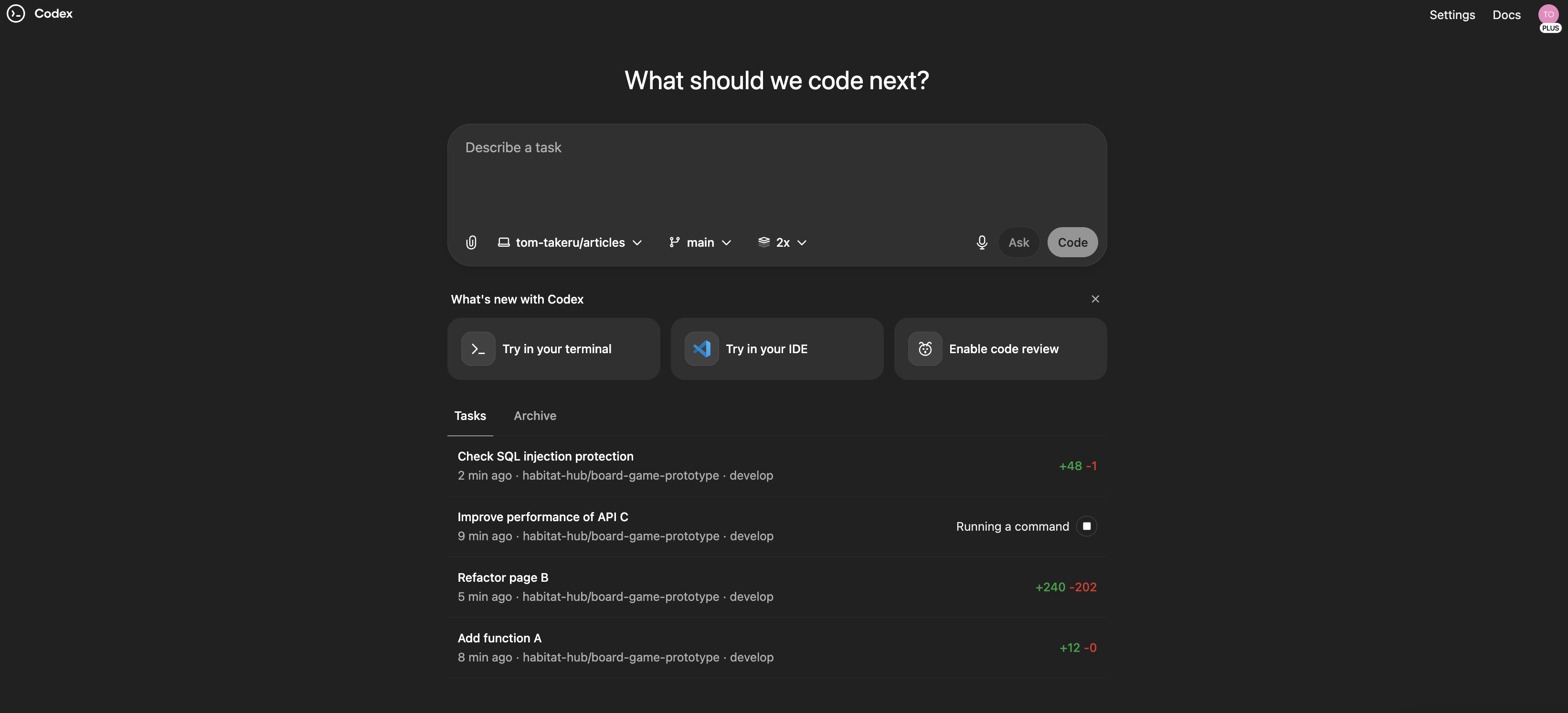 Codex Webで並列実行によりタスクを進めている様子