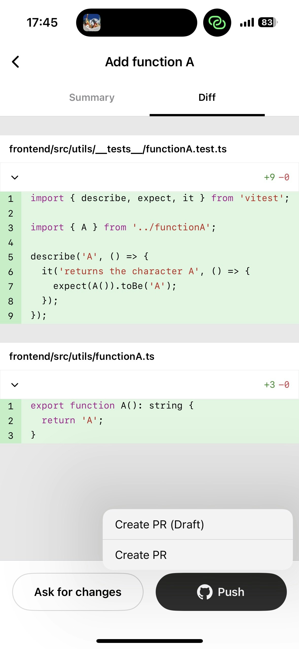 スマホからの開発体験 - あるタスクのdiffとPush(Create PR)ボタン