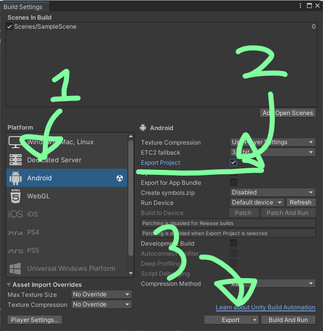 Build Settings で Platform を Android にすると、 Export Project というチェックボックスがあり、ここにチェックを入れてると Build ボタンが Export ボタンに変化するのでこれを押します。