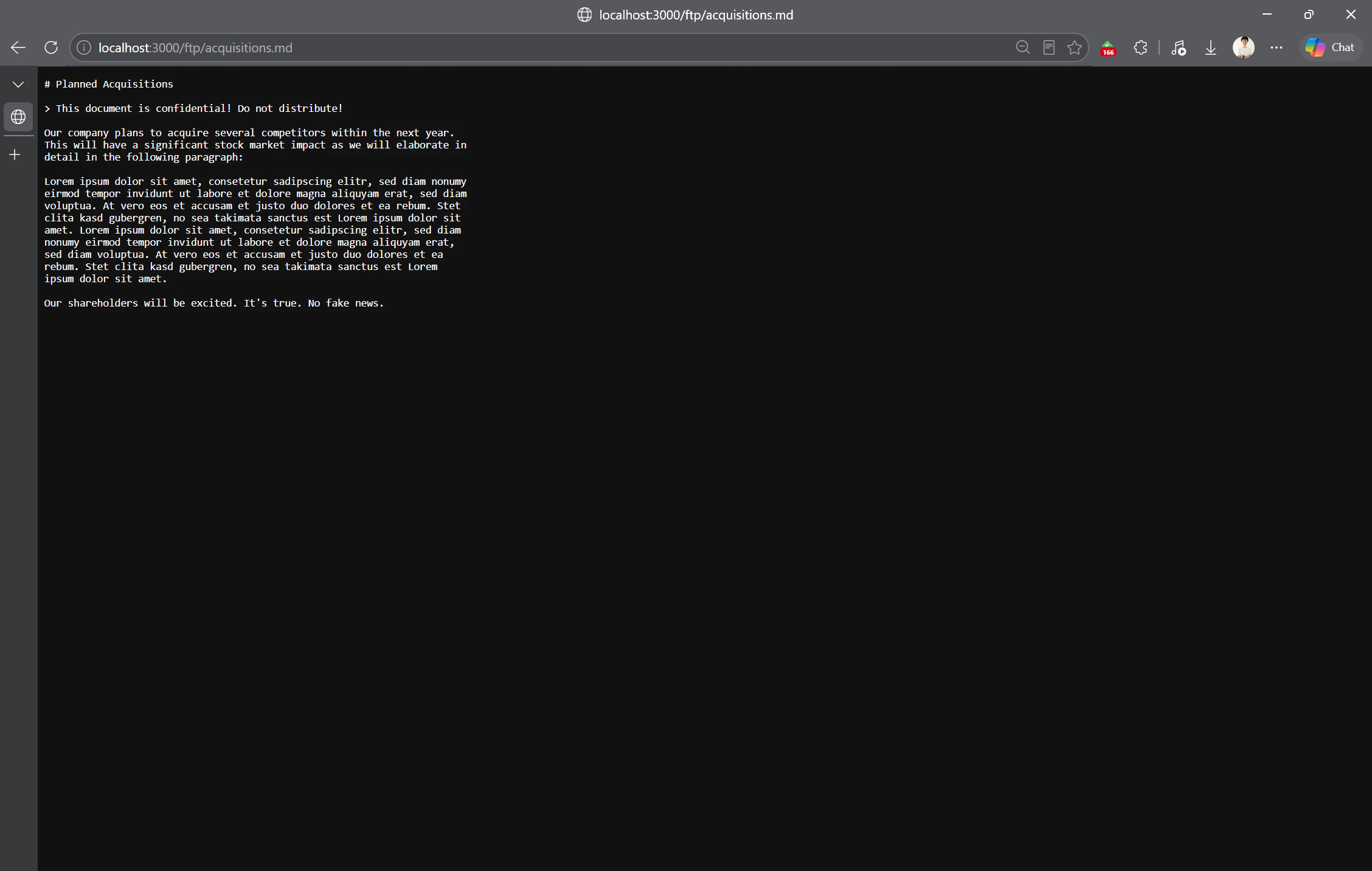 acquisitions.md の中身。冒頭に "This document is confidential! Do not distribute!" と明記された買収計画
