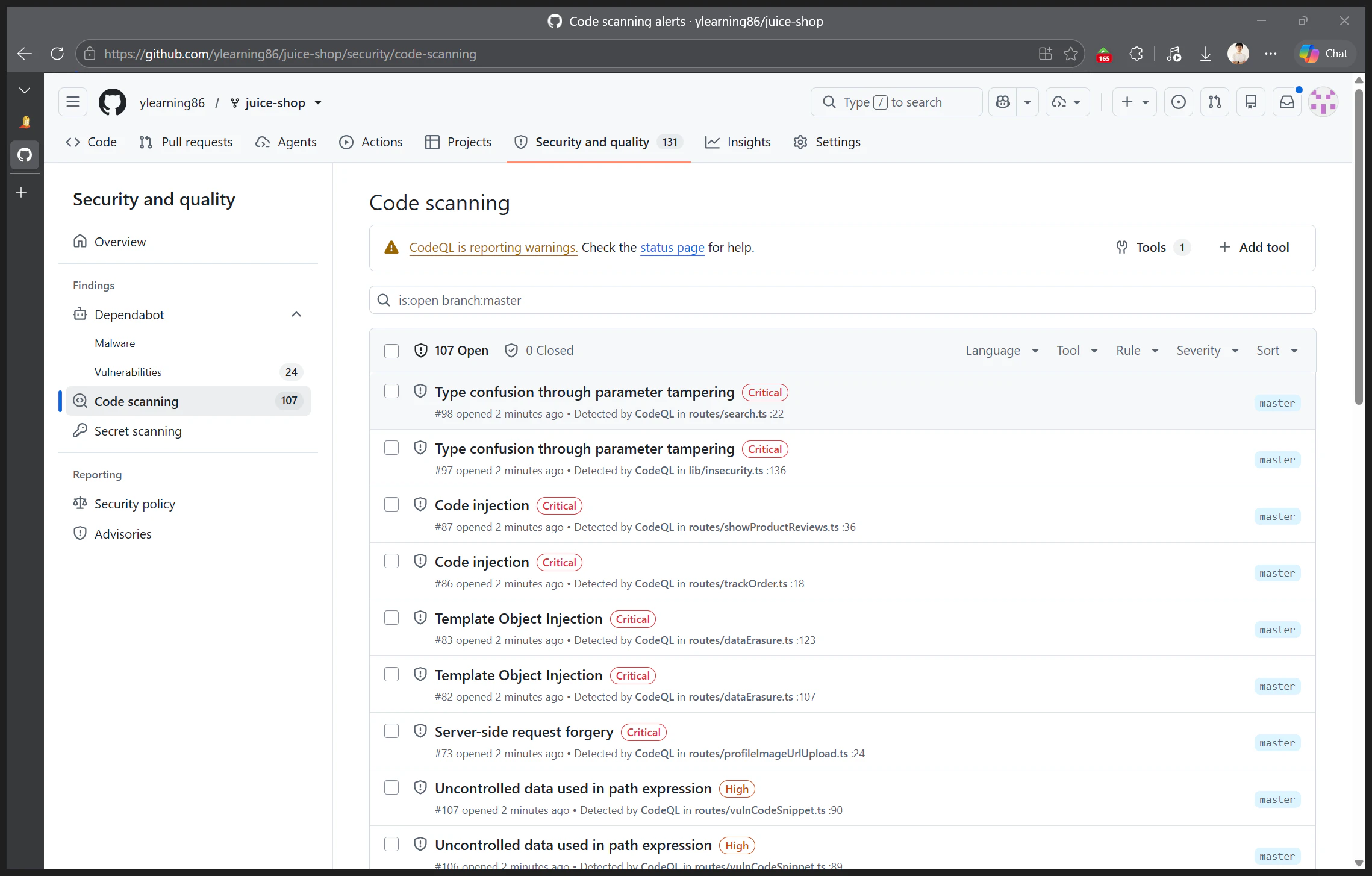 GitHub のコードスキャン(CodeQL)アラート一覧