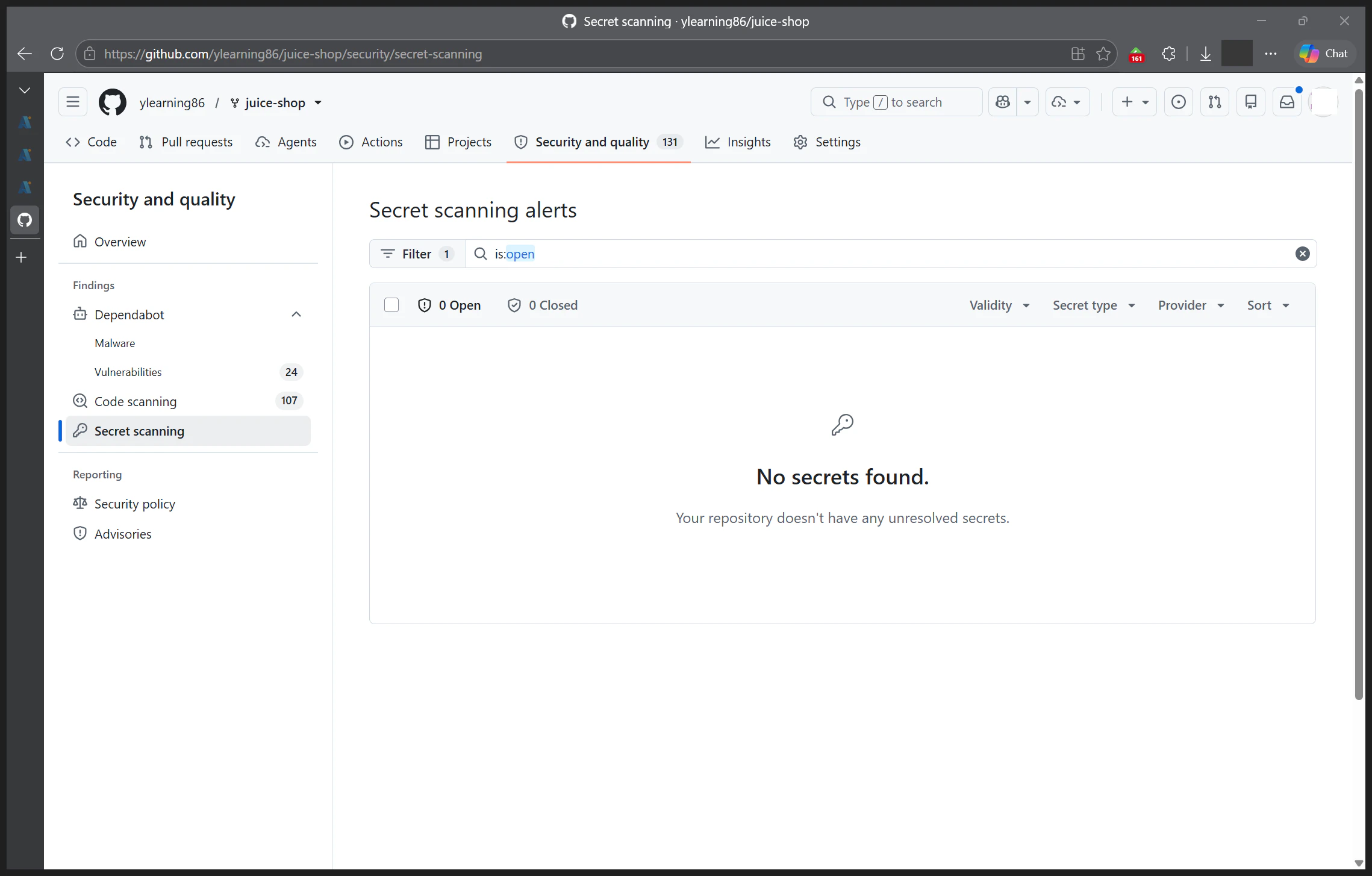 GitHub Secret scanning の結果。No secrets found と表示され、検出は 0 件