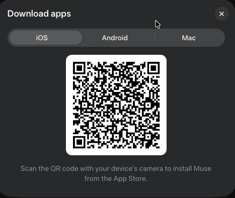 Muse の「Download apps」の画面。iOS・Android・Mac のタブがあり、iOS を選ぶと QR コードと「Scan the QR code with your device's camera to install Muse from the App Store.」の説明が出る。