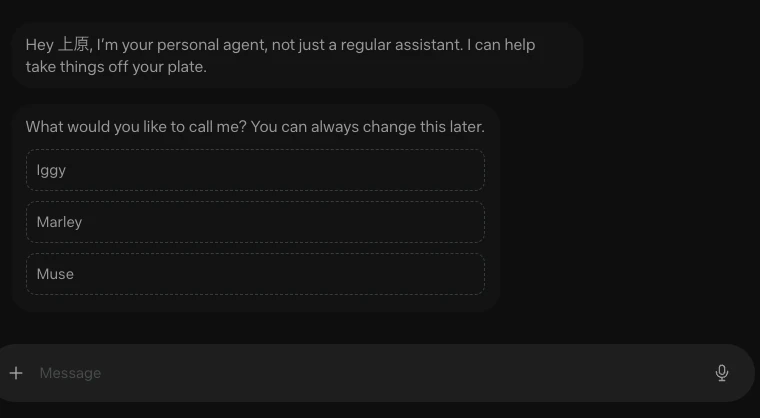 Muse の最初の画面。「Hey 上原, I'm your personal agent, not just a regular assistant. I can help take things off your plate.」のあいさつの下に、「What would you like to call me? You can always change this later.」と、Iggy・Marley・Muse の 3 つの名前の候補が出ている。