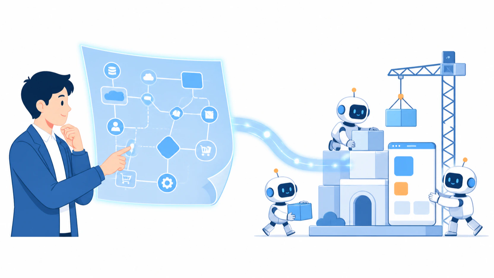業務の地図を読み解くエンジニアと、それをもとにシステムを組み立てるAIロボットたちのイラスト