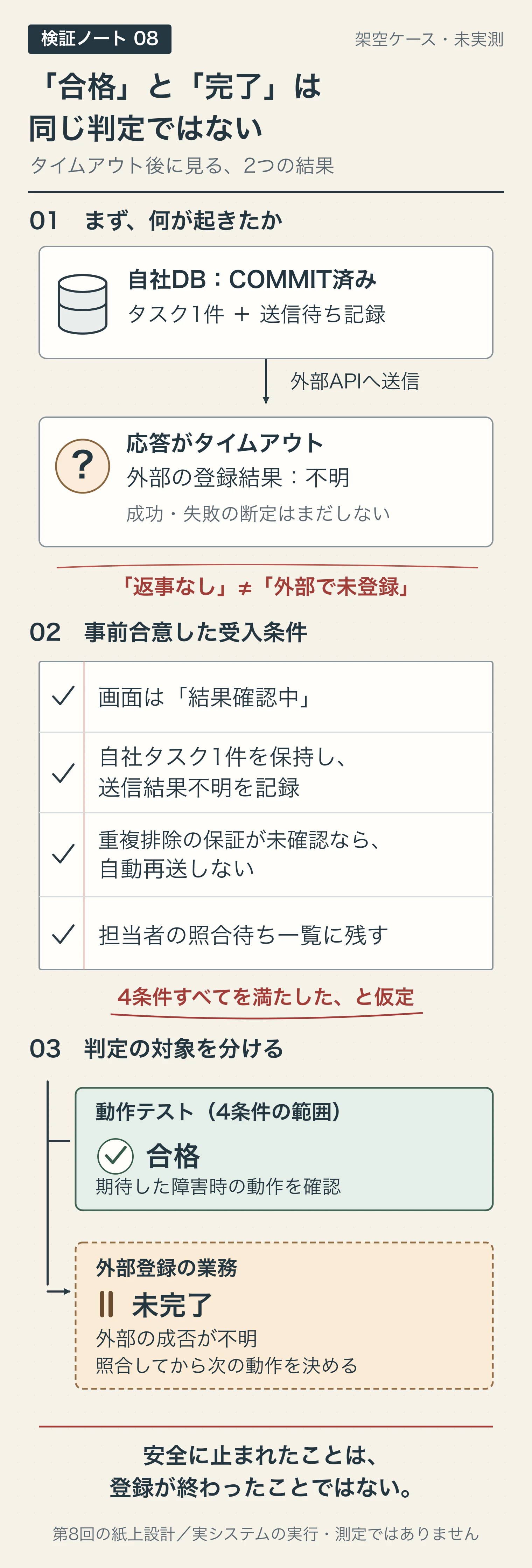 タイムアウト後に、合意した4条件の動作テスト合格と外部登録業務の未完了を別々に判定する架空例