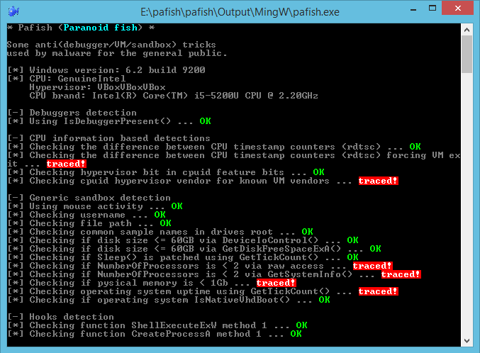 Pafish screenshot Pafish screenshot