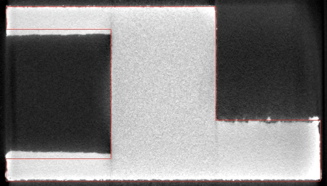 XCT slices 121..320 (z = 1.75..4.16 mm, build direction) with the STL cross-section in red. Note the powder/dross hangin
