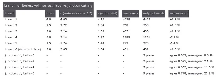 volume per branch comes from the territory; the junction-cut rows show that no ball radius separates