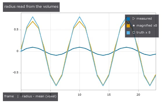 radius of the shell read from each volume: the measured beat (0.10 voxel) is below one voxel; after magnification it fol