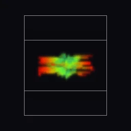 the same pathlines orbited: two straight bundles leaving the split point at +/-0.75 voxel/frame