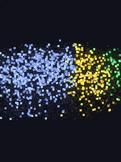 実測の脳の波: 12,894 体の soma に自然動画への応答を載せ、各細胞が自分の上位 1/4 にいる瞬間だけ点けて 1 mm³ を回す(V1 青 / RL 黄 / AL 緑)