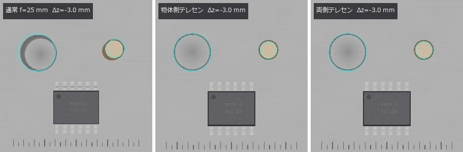 ワークを ±3 mm 上下させる。通常のレンズだけ像が伸び縮みし(水色の線 = 合焦面の輪郭)、穴の底が隠れる。