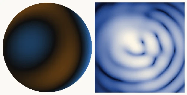絵は回るのに、測った数は動きません。 左が波面(コマ 0.62 + 非点収差 0.35 + 球面収差 0.18)、右がその点像。1 周ぶん回しています。回転は係数を exp(−imθ) 倍するだけなので、対の振幅 √(c₊²+c₋²