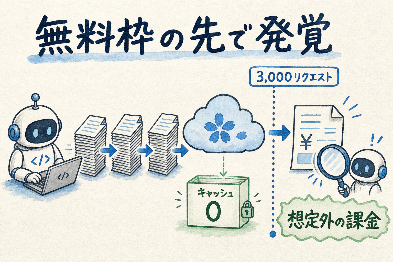 無料枠3,000リクエストの間は毎回全文再送しても異常が見えず、超過して初めて想定外の課金として発覚した