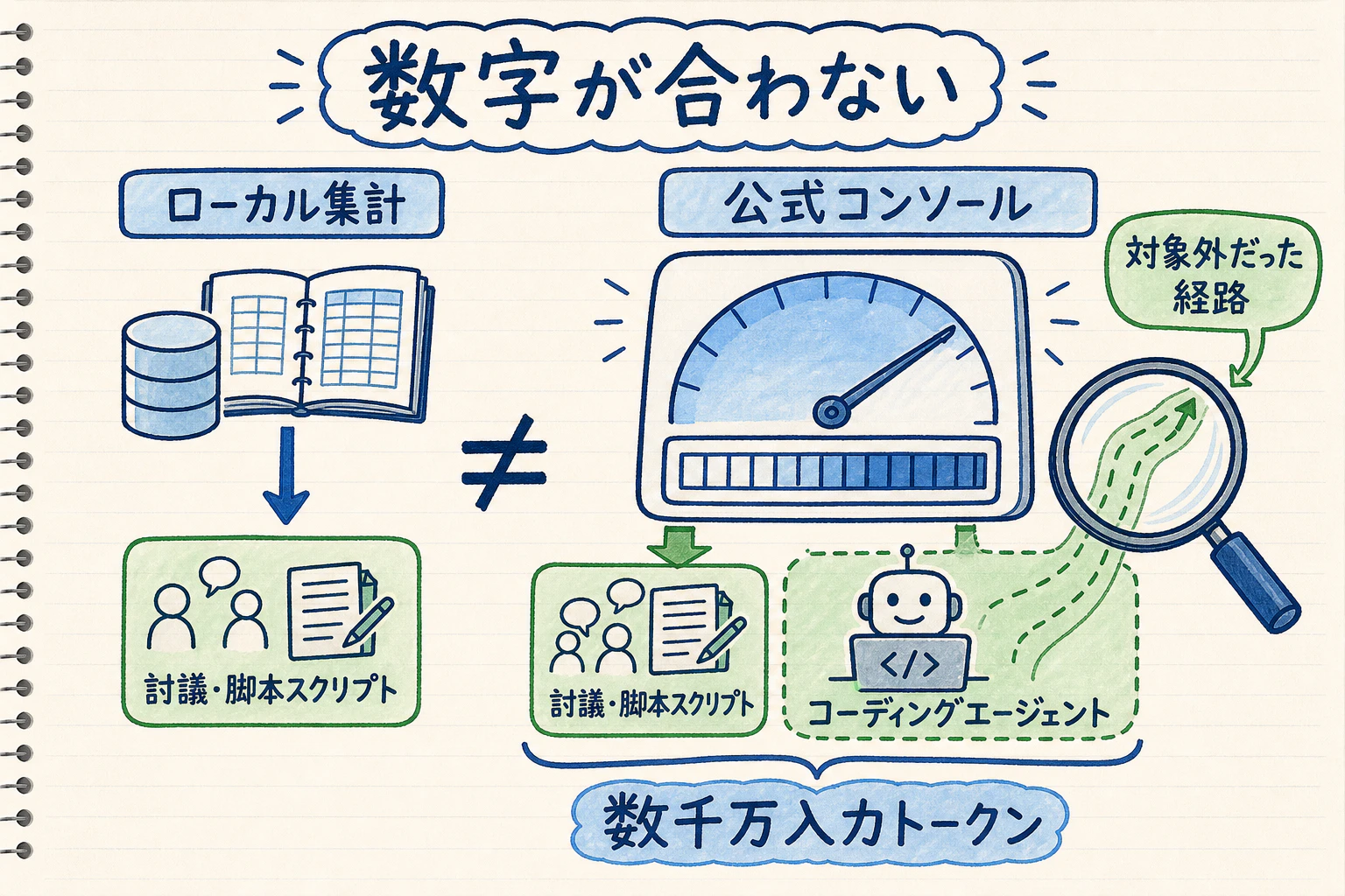 ローカル集計は討議・脚本生成用スクリプト経由のみを対象にしていたため、コーディングエージェント経由の数千万入力トークンが集計対象外になっていた