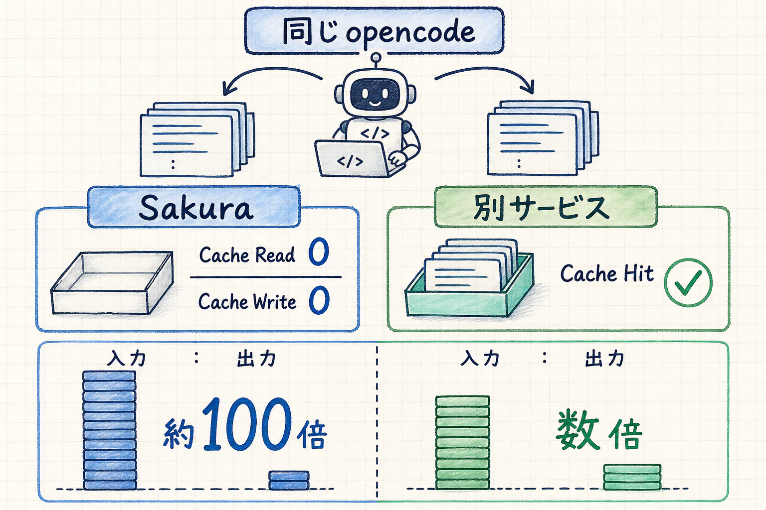 同じopencodeでも、Sakura経由はCache Read/Writeともにゼロで入力対出力比が約100倍、別サービス経由はCache Hitが記録され比率も数倍程度に収まっていた