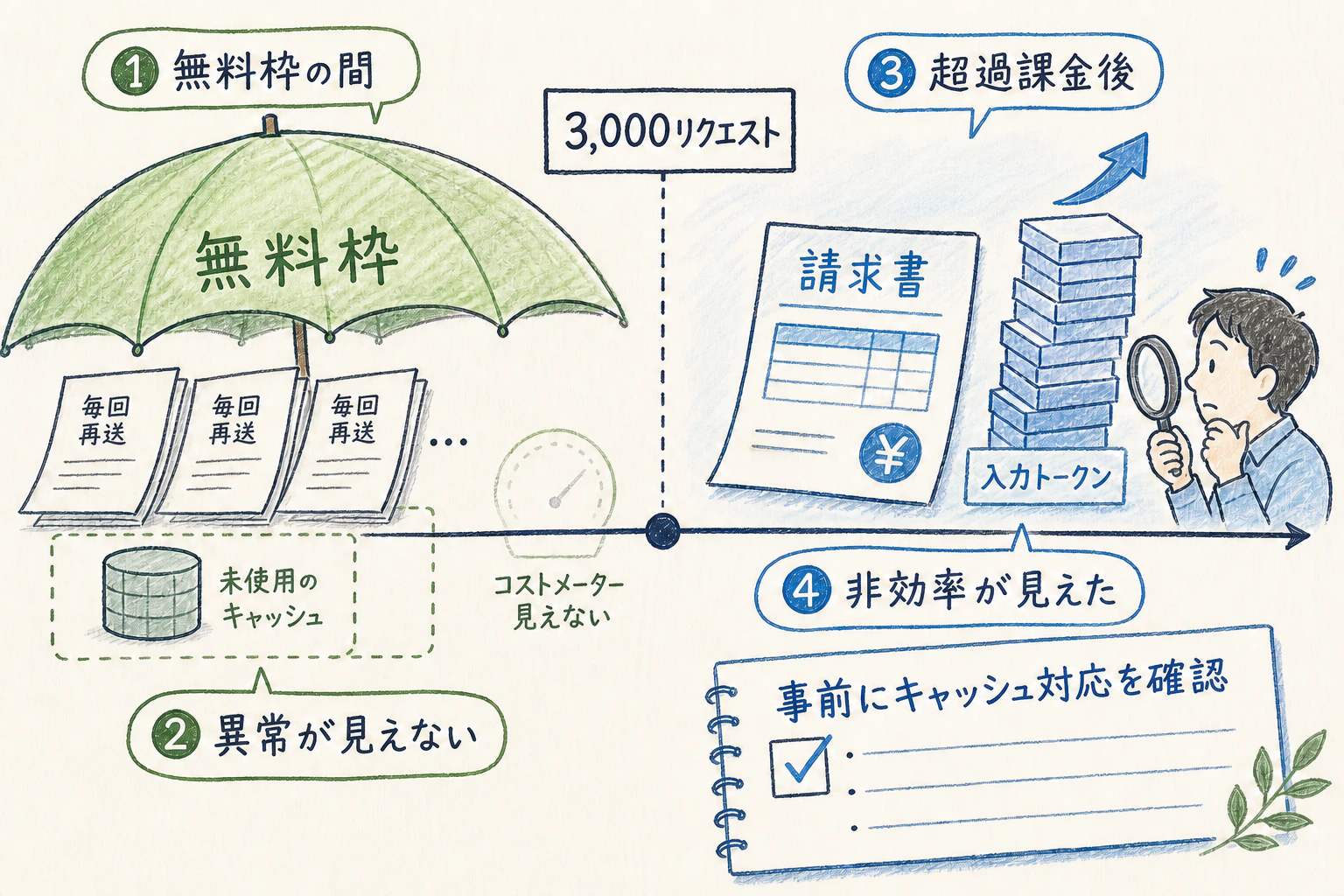 無料枠の間は毎回全文再送・未使用キャッシュがあってもコストメーターが見えず異常検知が働かないが、超過課金後に非効率が見え、事前にキャッシュ対応を確認するという教訓につながった