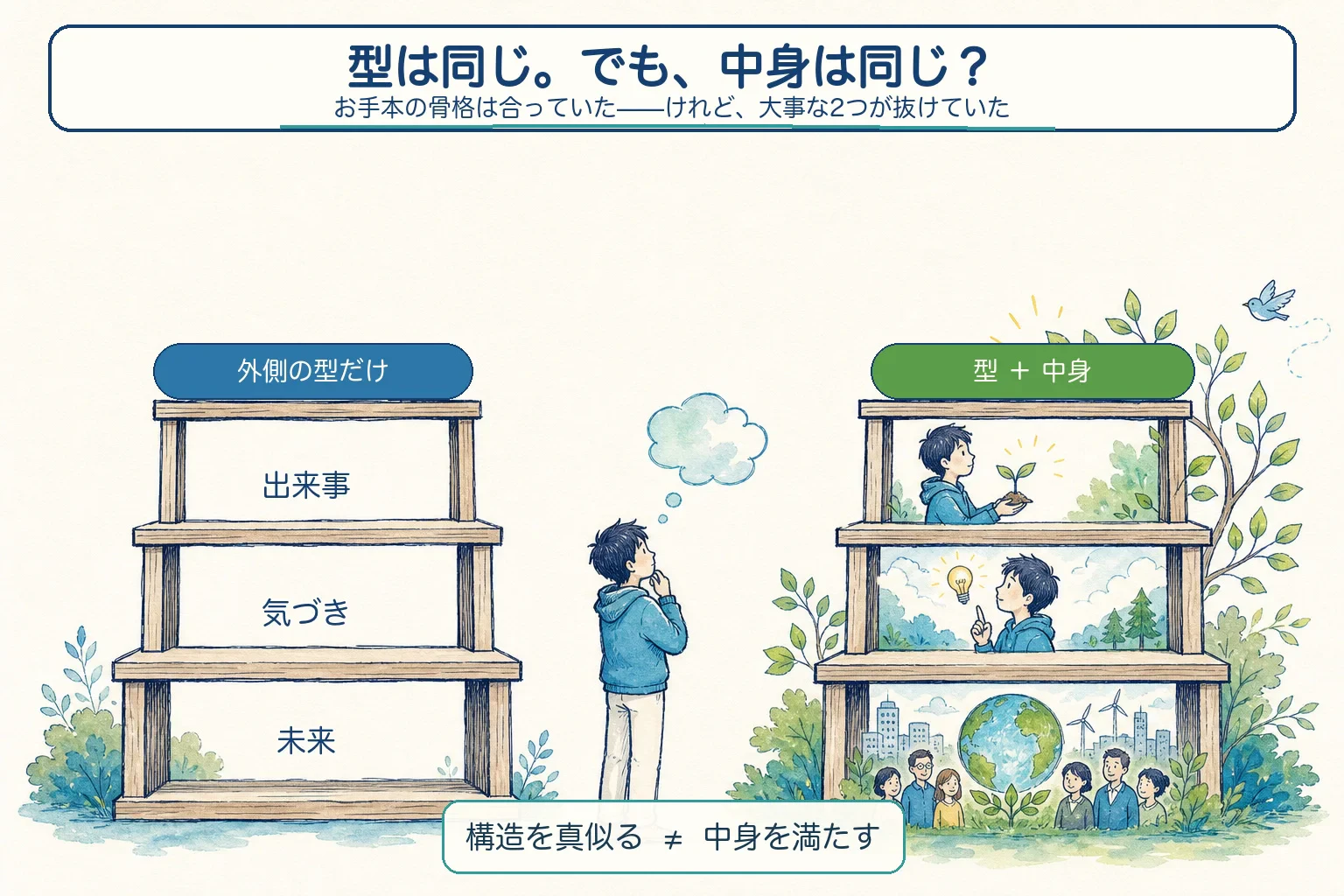 空の三段構造と、体験・気づき・社会への接続で満たされた三段構造を比べ、「構造を真似る」と「中身を満たす」の違いを示す手描き図。