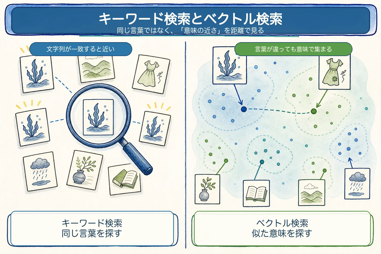 同じ言葉を探すキーワード検索と、文章を意味空間の点に変えて似た意味を探すベクトル検索を対比した図。