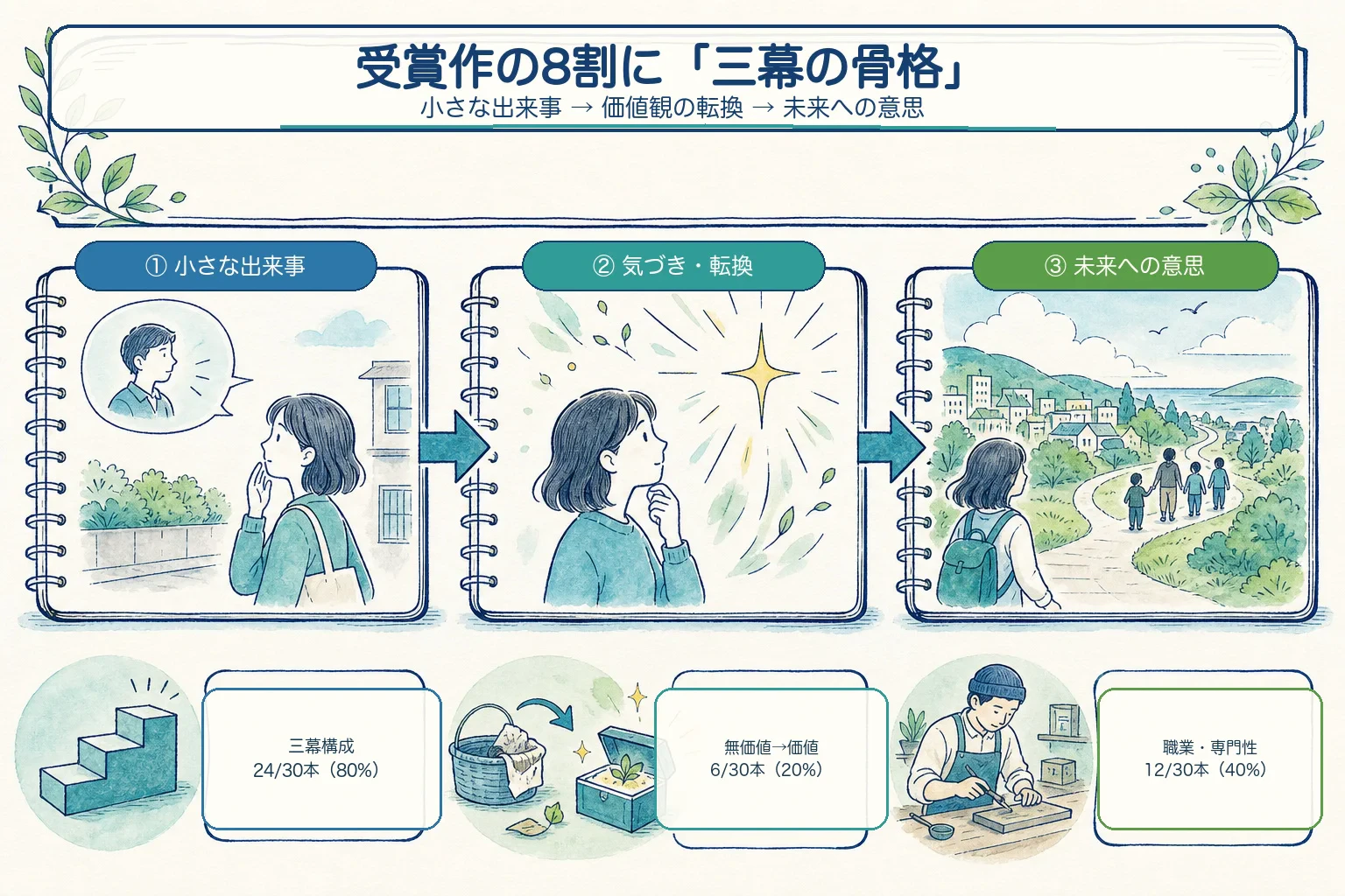 小さな出来事、気づき・転換、未来への意思という三幕構成と、30受賞作中の3パターンの件数を示す図。