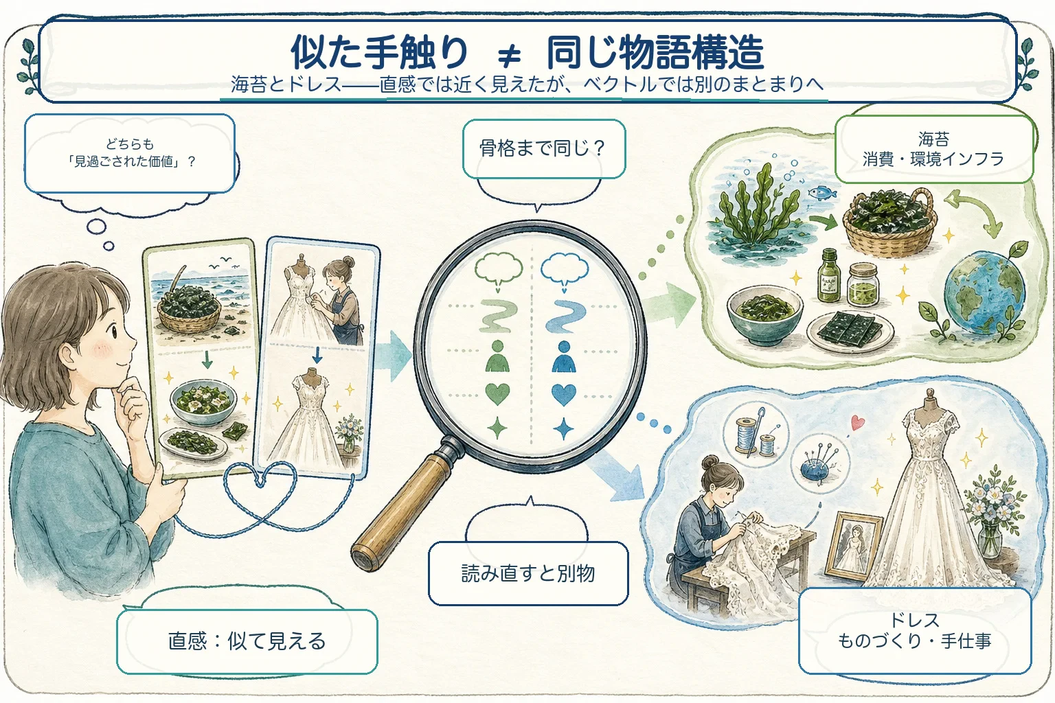 海苔と古いウェディングドレスは似た手触りに見えるが、物語の骨格を読むと別のクラスタに分かれることを示す図。