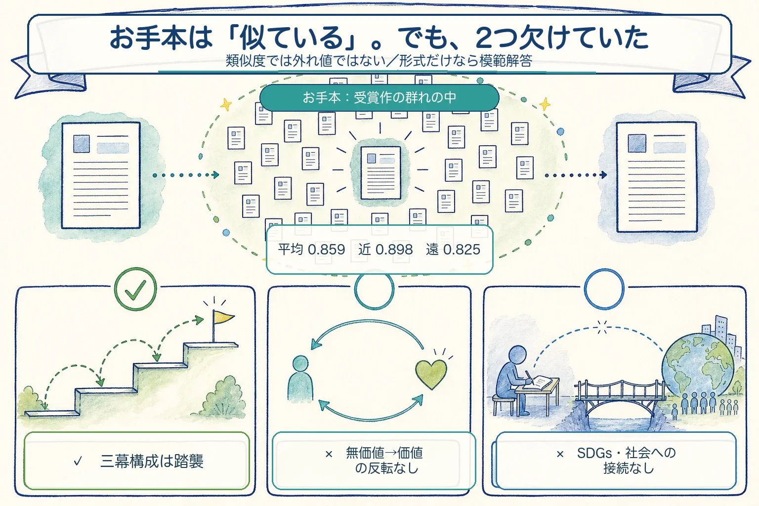 お手本エッセイは受賞作と同じ類似度帯にあり三幕構成も踏襲する一方、価値の反転とSDGs・社会への接続を欠くことを示す図。