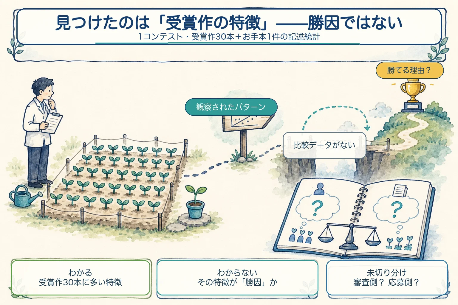 受賞作30本に多い特徴は観察できても、その特徴が勝因かどうかは非受賞作との比較なしには言えないことを示す図。