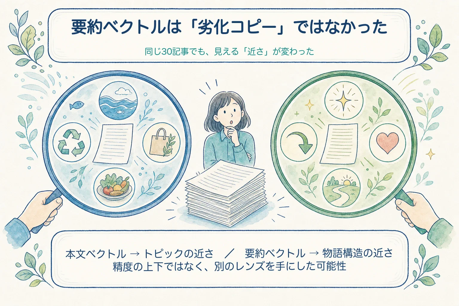 同じ30記事を青い本文レンズと緑の要約レンズで見比べ、本文はトピック、要約は物語構造の近さを映す可能性を示した手描き図。