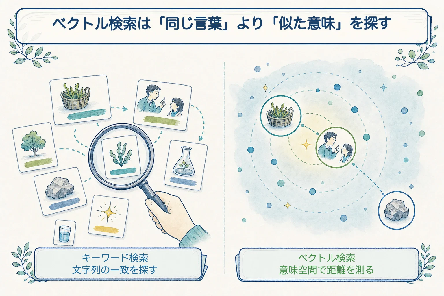 文字列の一致を探すキーワード検索と、海苔の話と先生の言葉の話を意味空間上で近く置くベクトル検索を対比した手描き図。