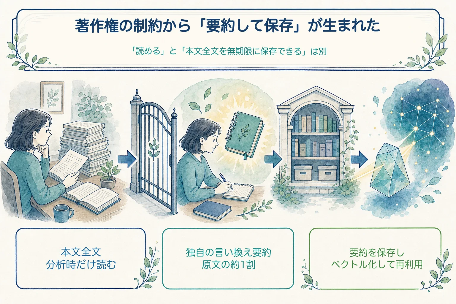 第三者記事が永久保存の門で止まり、独自要約だけが保管庫とベクトル空間へ進む様子を示した手描き図。