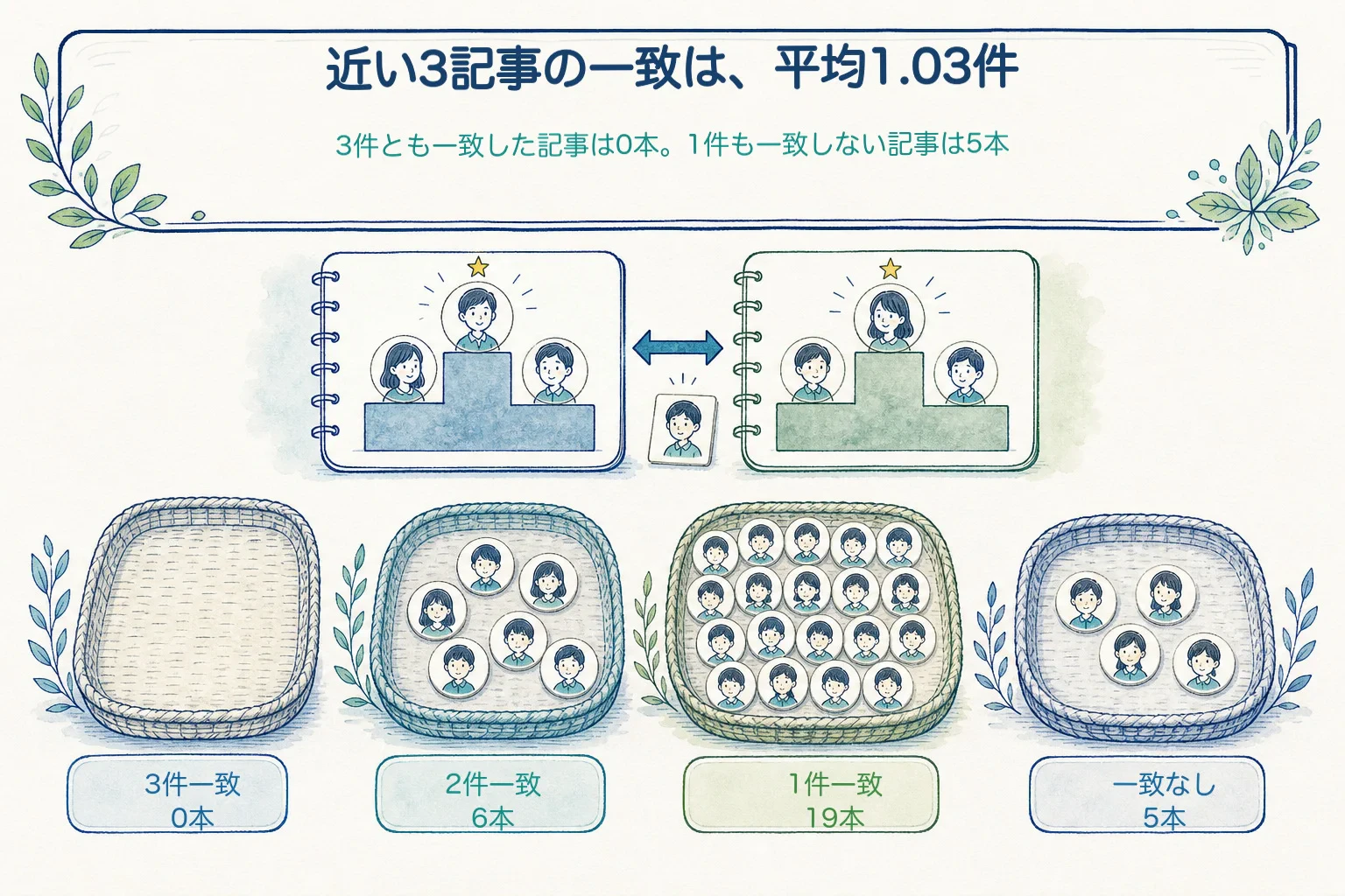 近傍3件の一致数別に、3件一致0本、2件一致6本、1件一致19本、一致なし5本、平均1.03件という結果を示した図。