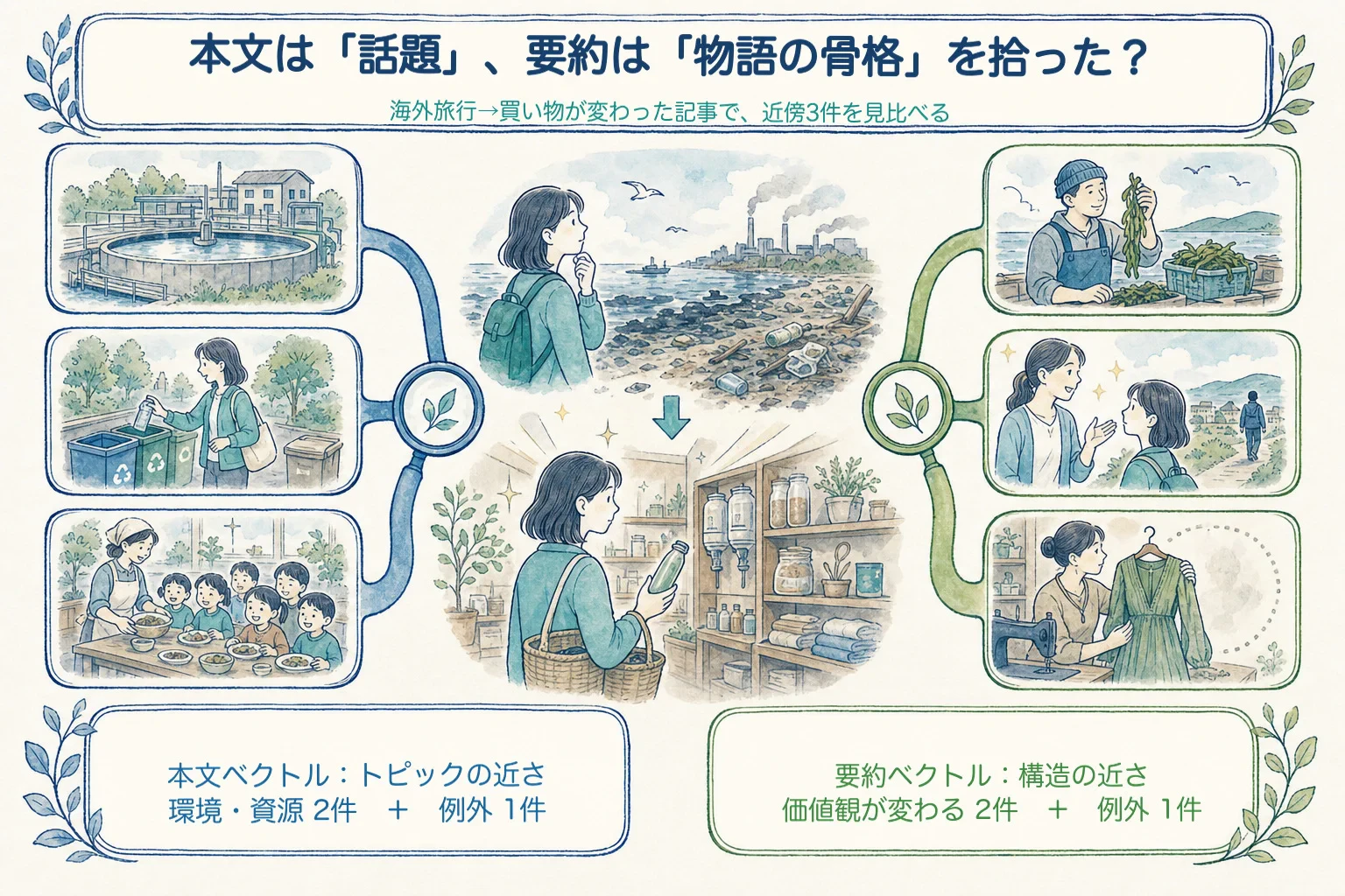 海外旅行をきっかけに買い物が変わった記事に対し、本文側は環境・資源の話題、要約側は価値観が変わる物語構造を近傍に返した例を示す図。