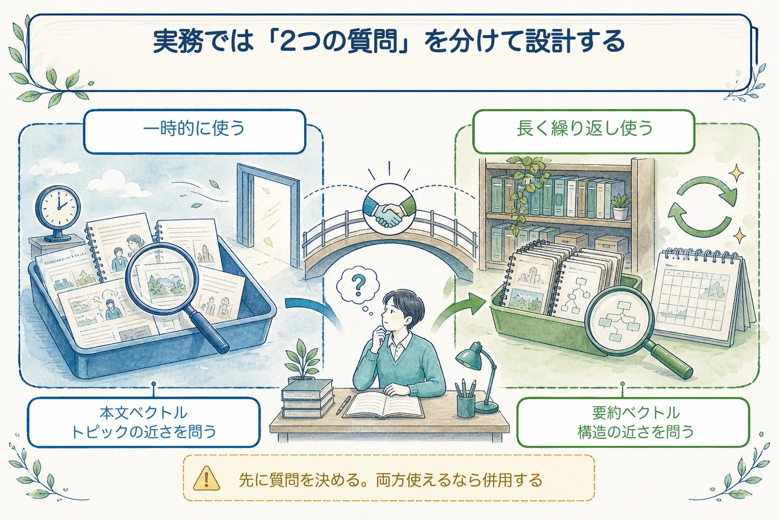 一時的な本文分析ラボと、永続的な要約ライブラリを、質問を選ぶ研究者がつなぐ実務設計を示す図。