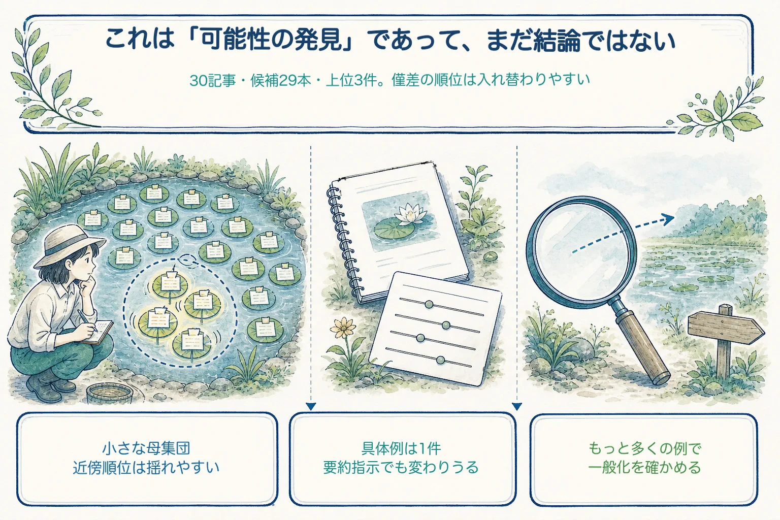 30記事という小さな母集団、候補29本中の上位3件、具体例1件、要約指示への依存を示し、発見は示唆であって一般法則ではないと伝える図。