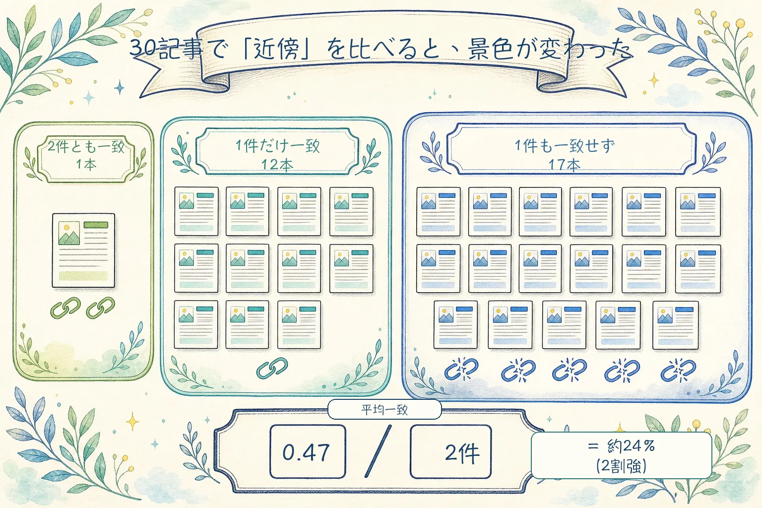 30記事の上位2近傍について、2件一致が1本、1件一致が12本、不一致が17本、平均一致が0.47/2件(約24%)だった結果を示す図。