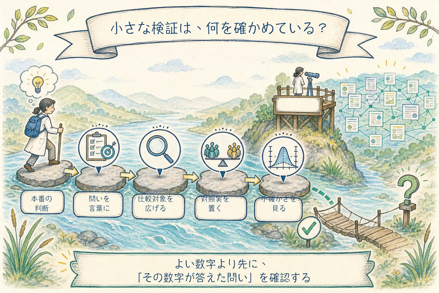 小規模検証を信頼する前に、本番の判断、正確な問い、比較対象、対照実験、不確かさを順に確認する必要を示す手描きチェックリスト。