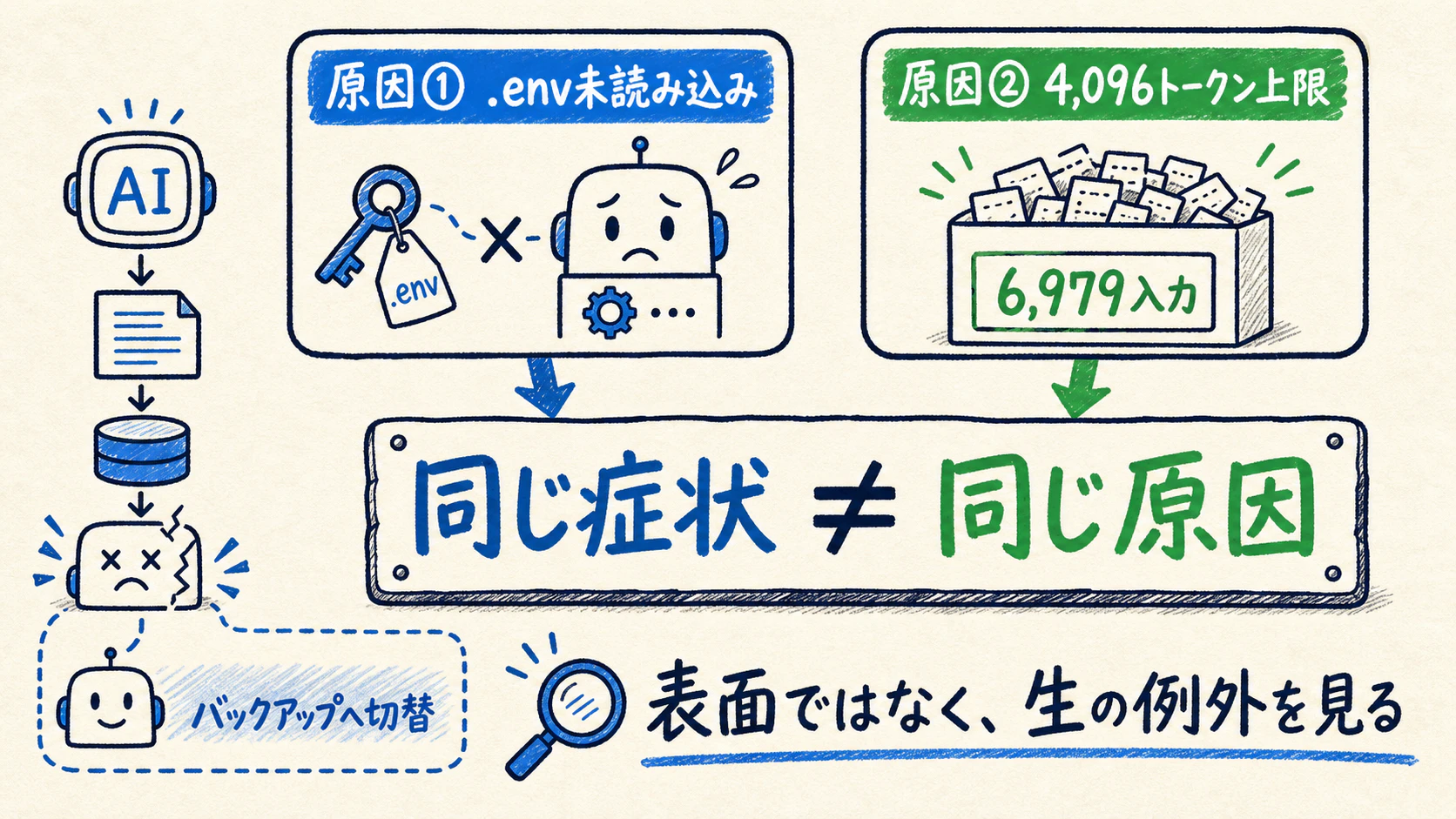 同じバックアップ切り替えの裏に「.env未読み込み」と「4,096トークンのコンテキスト長上限」という別原因があった全体像
